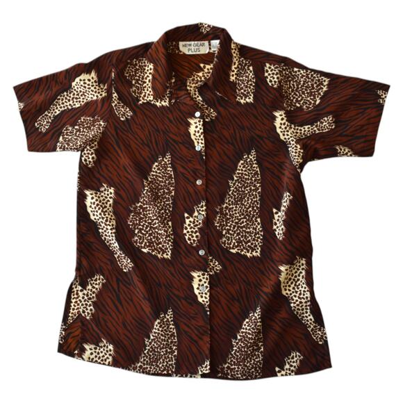 Vintage 80s Plus Size Animal Print Shirt in Brown - Unique Mixed Print Design - Picture 1 of 5